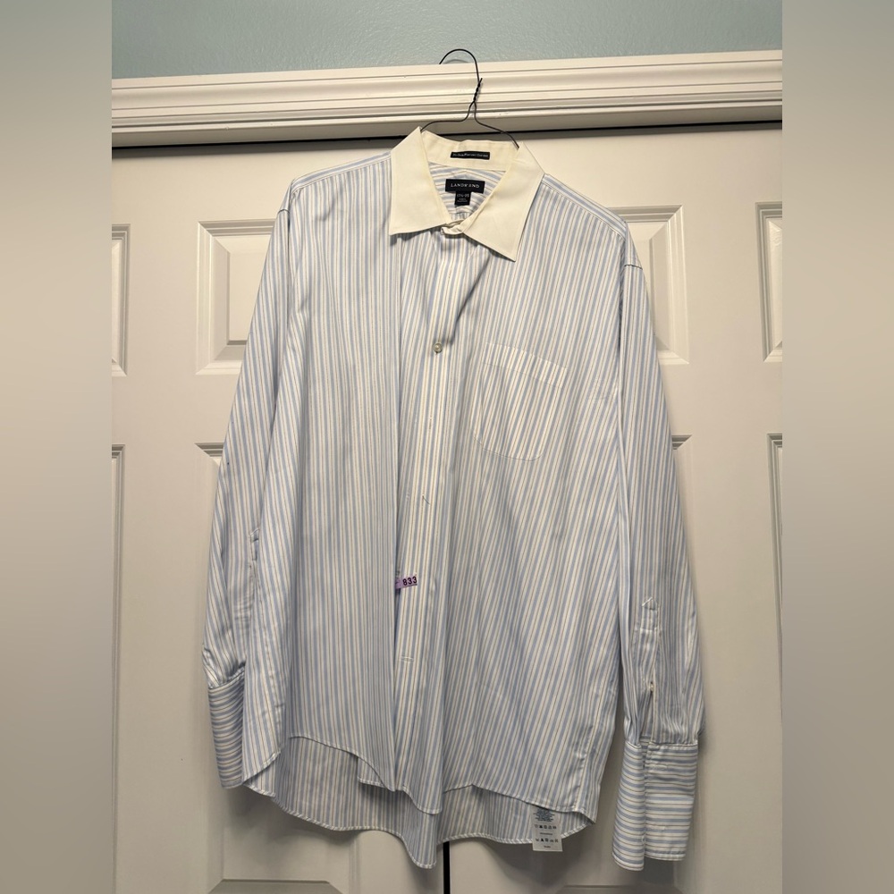 Lands' End Men's White and Blue Pinstripe Dress Shirt